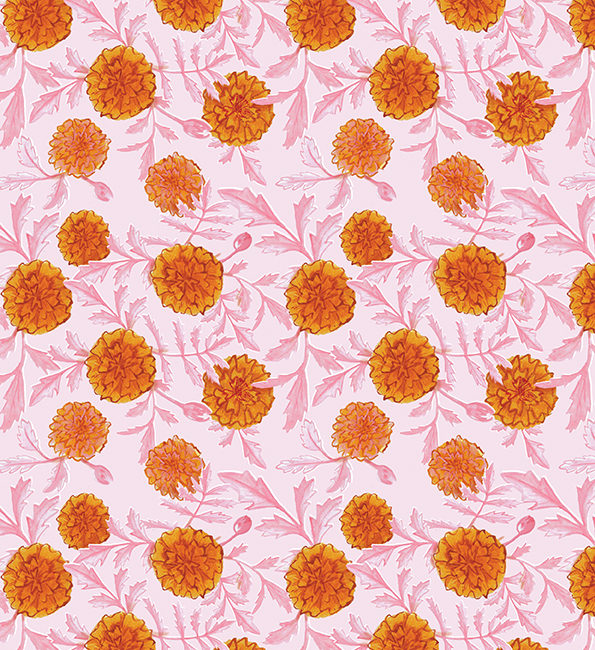 Marigolds on pink - pattern design by Sarah Loveday Studio